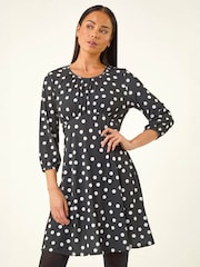 Roman Black Petite Polka Dot Gathered Stretch Dress - Image 4 of 5