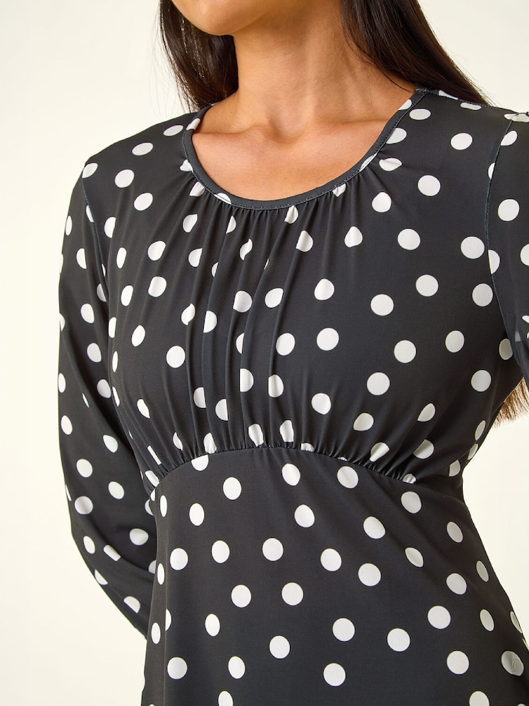 Roman Black Petite Polka Dot Gathered Stretch Dress - Image 5 of 5 Roman Black Petite Polka Dot Gathered Stretch Dress - Image 5 of 5