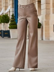 Sosandar Brown Faux Leather Wide Leg Trousers - Image 1 of 5