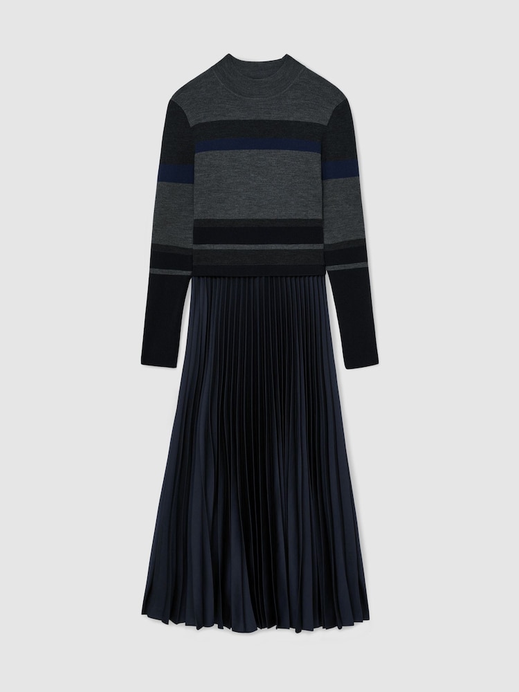 Reiss Carla Striped Knit Mix Pleated Midi Dress - Obraz 2 z 8 Reiss Carla Striped Knit Mix Pleated Midi Dress - Obraz 2 z 8