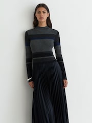 Reiss Carla Striped Knit Mix Pleated Midi Dress - Obraz 4 z 8