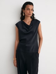 Reiss Navy Cate Silk Cowl-Neck Sleeveless Top - Image 3 of 6