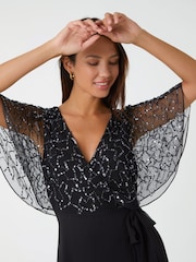 Roman Black Sequin Embellished Cape Wrap Dress - Image 4 of 5