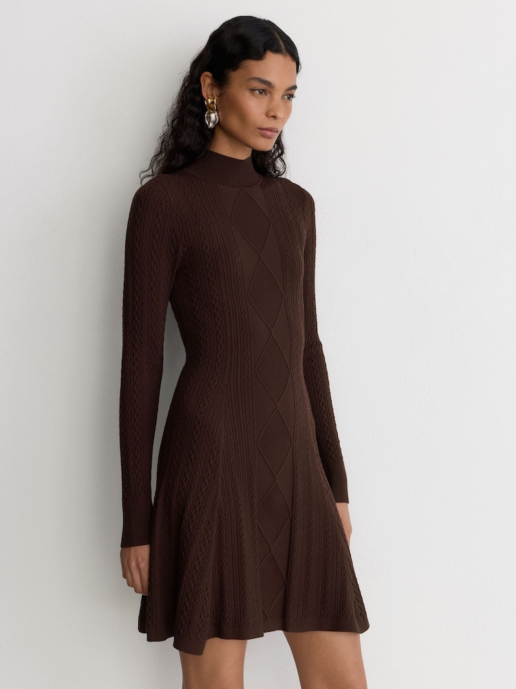 Reiss Chocolate Brown Tilly Cable-Knit Flippy Mini Dress - Image 1 of 6 Reiss Chocolate Brown Tilly Cable-Knit Flippy Mini Dress - Image 1 of 6