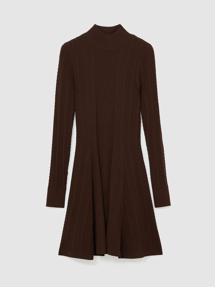 Reiss Chocolate Brown Tilly Cable-Knit Flippy Mini Dress - Image 2 of 6 Reiss Chocolate Brown Tilly Cable-Knit Flippy Mini Dress - Image 2 of 6