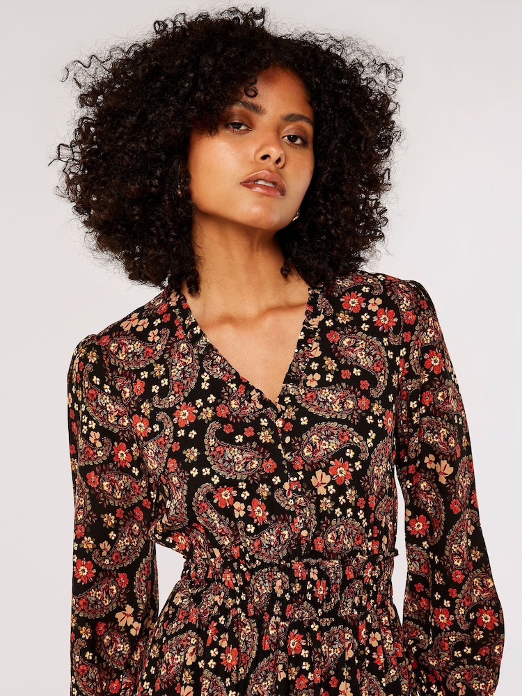 Apricot Black Floral Paisley Midi Dress - Image 5 of 5
