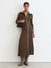 Reiss Mocha Brown Nova Pleated Knit Collared Midi Dress - Image 1 of 7