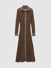 Reiss Mocha Brown Nova Pleated Knit Collared Midi Dress - Image 2 of 7