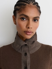 Reiss Mocha Brown Nova Pleated Knit Collared Midi Dress - Image 3 of 7