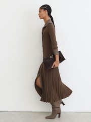 Reiss Mocha Brown Nova Pleated Knit Collared Midi Dress - Image 4 of 7