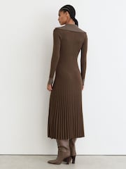 Reiss Mocha Brown Nova Pleated Knit Collared Midi Dress - Image 5 of 7