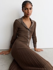 Reiss Mocha Brown Nova Pleated Knit Collared Midi Dress - Image 6 of 7