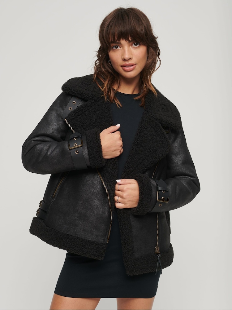 Superdry Black Faux Fur Shearling Aviator Jacket - Image 1 of 7