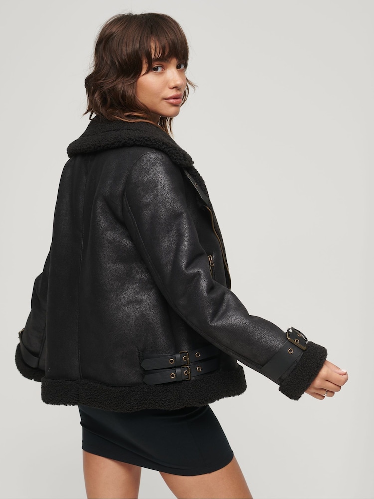 Superdry Black Faux Fur Shearling Aviator Jacket - Image 2 of 7