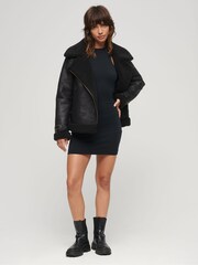 Superdry Black Faux Fur Shearling Aviator Jacket - Image 3 of 7