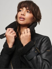 Superdry Black Faux Fur Shearling Aviator Jacket - Image 4 of 7