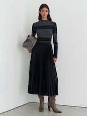 Reiss Grey Carla Striped Knit Mix Pleated Midi Dress - Image 1 of 6