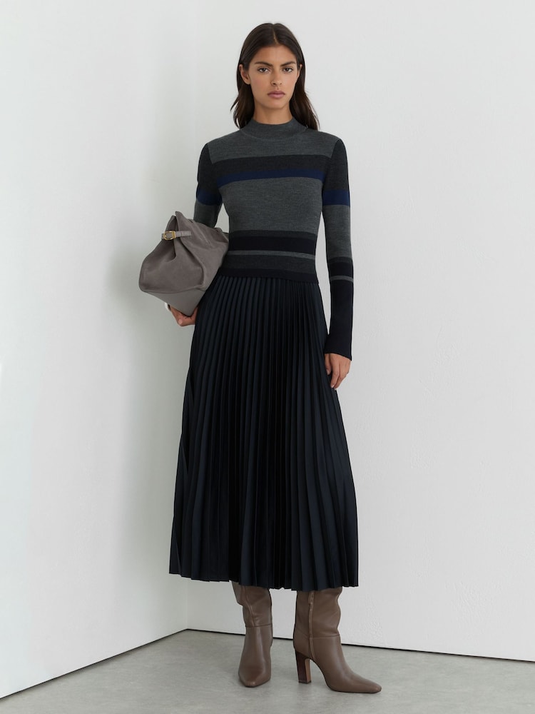 Reiss Grey Carla Striped Knit Mix Pleated Midi Dress - Image 1 of 6