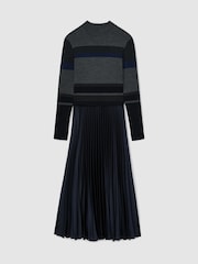 Reiss Grey Carla Striped Knit Mix Pleated Midi Dress - Image 2 of 6