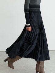 Reiss Grey Carla Striped Knit Mix Pleated Midi Dress - Image 3 of 6