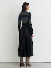 Reiss Grey Carla Striped Knit Mix Pleated Midi Dress - Image 5 of 6