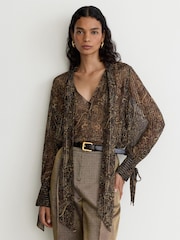 Reiss Black/Gold Charlotte Silk-Georgette Paisley Tie-Neck Blouse - Image 1 of 7