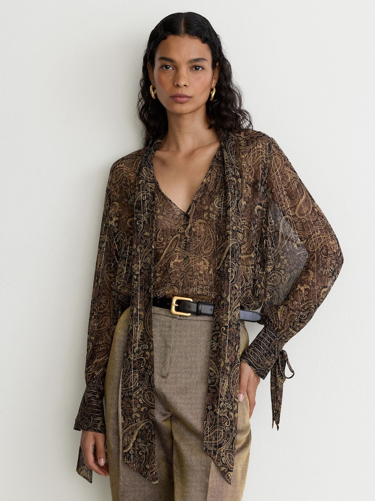 Reiss Black/Gold Charlotte Silk-Georgette Paisley Tie-Neck Blouse - Image 1 of 7 Reiss Black/Gold Charlotte Silk-Georgette Paisley Tie-Neck Blouse - Image 1 of 7