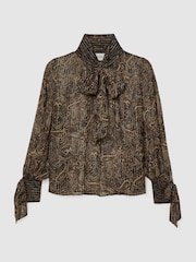 Reiss Black/Gold Charlotte Silk-Georgette Paisley Tie-Neck Blouse - Image 2 of 7