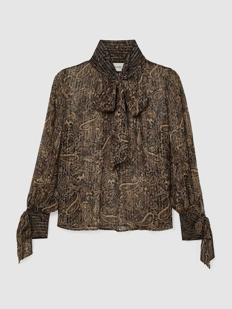 Reiss Black/Gold Charlotte Silk-Georgette Paisley Tie-Neck Blouse - Image 2 of 7 Reiss Black/Gold Charlotte Silk-Georgette Paisley Tie-Neck Blouse - Image 2 of 7