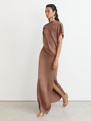 Reiss Taupe Brown Paige Satin Asymmetric Draped Maxi Dress - Image 1 of 7