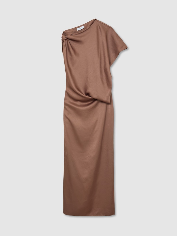 Reiss Taupe Brown Paige Satin Asymmetric Draped Maxi Dress - Image 2 of 7 Reiss Taupe Brown Paige Satin Asymmetric Draped Maxi Dress - Image 2 of 7