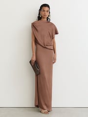 Reiss Taupe Brown Paige Satin Asymmetric Draped Maxi Dress - Image 3 of 7