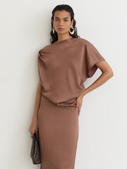 Reiss Taupe Brown Paige Satin Asymmetric Draped Maxi Dress - Image 5 of 7