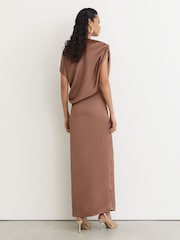 Reiss Taupe Brown Paige Satin Asymmetric Draped Maxi Dress - Image 6 of 7