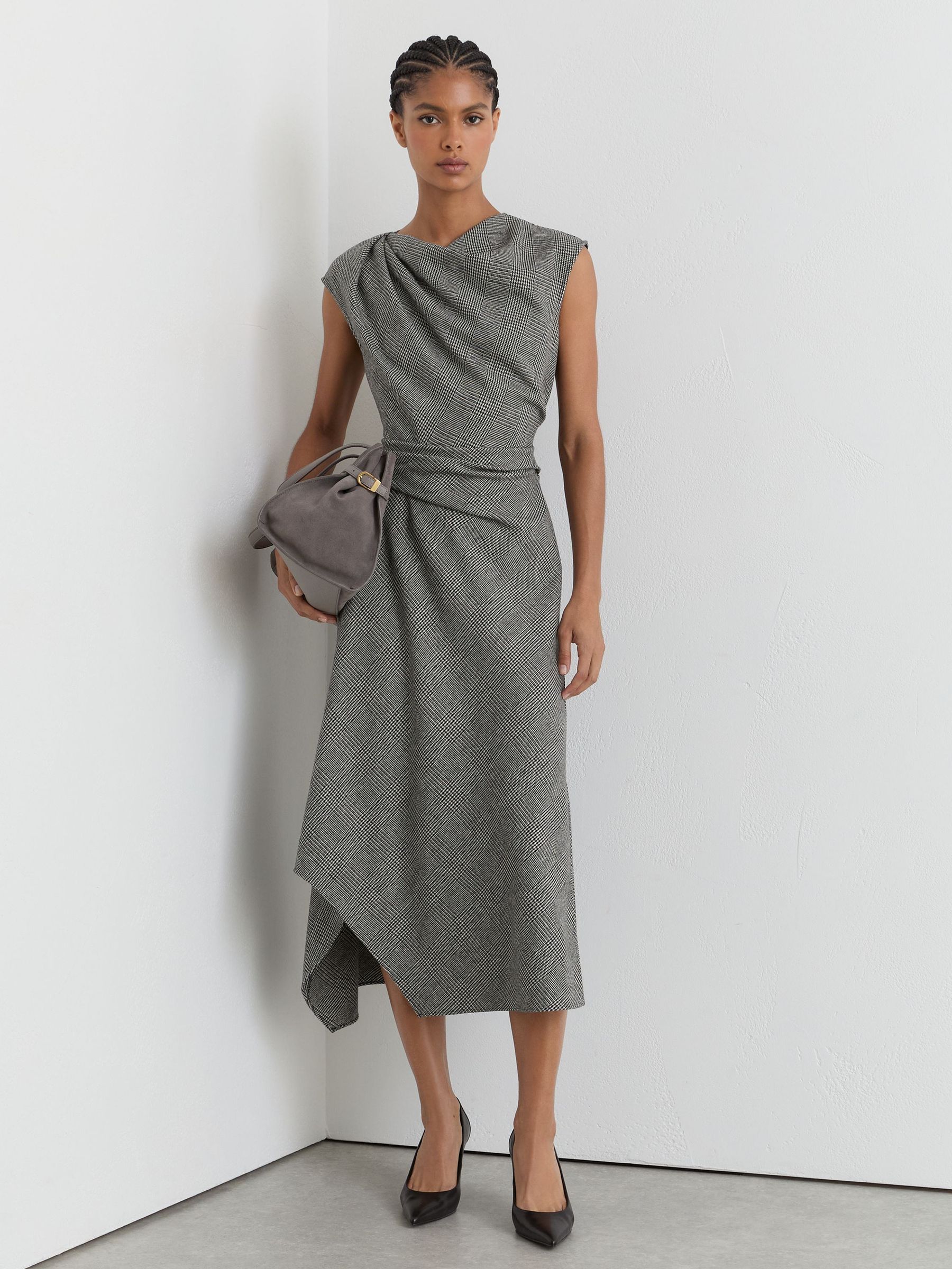 Reiss Grey Petite Wool-blend Check Tailored Midi Dress In Gray