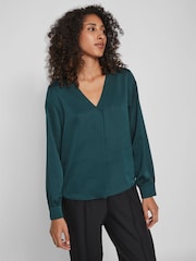 VILA Green V-Neck Long Sleeve Satin Top - Image 1 of 5