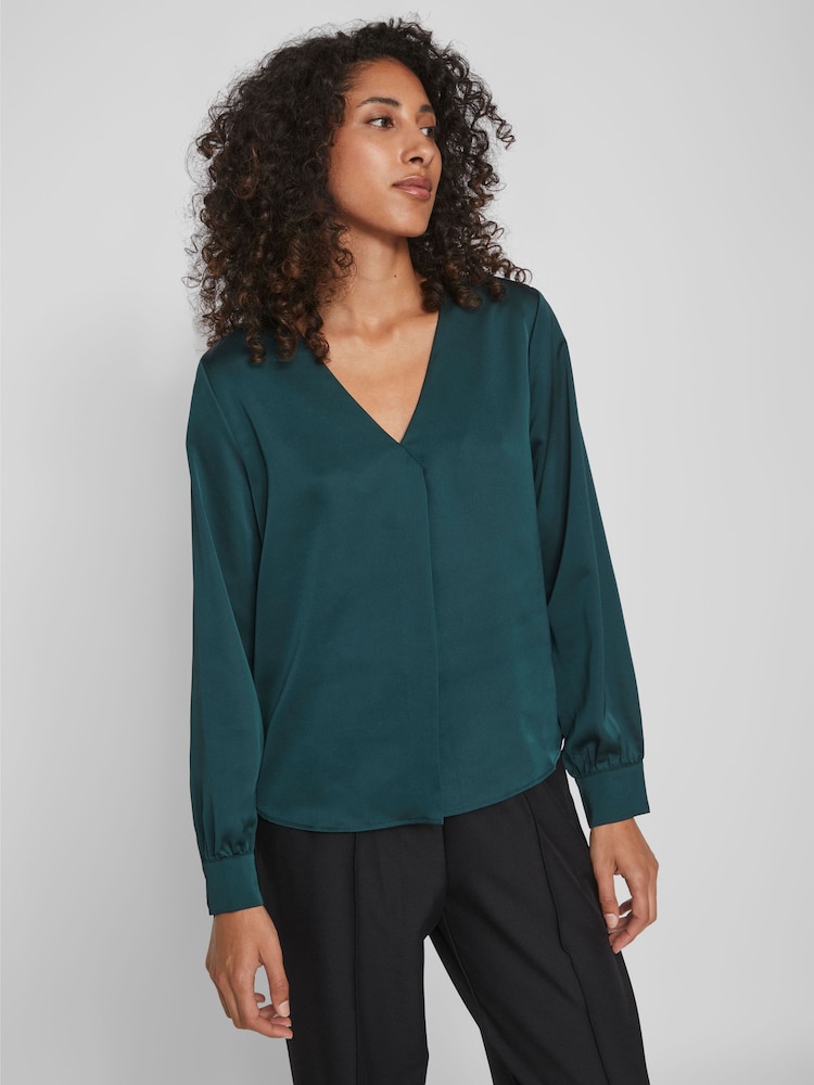 VILA Green V-Neck Long Sleeve Satin Top - Image 1 of 5