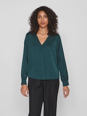 VILA Green V-Neck Long Sleeve Satin Top - Image 3 of 5