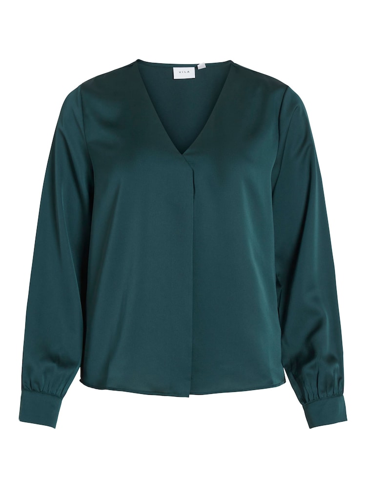 VILA Green V-Neck Long Sleeve Satin Top - Image 5 of 5