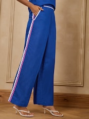 Love & Roses Cobalt Blue Viscose/Linen Blend Ric Rac Detailed Trousers - Image 1 of 5