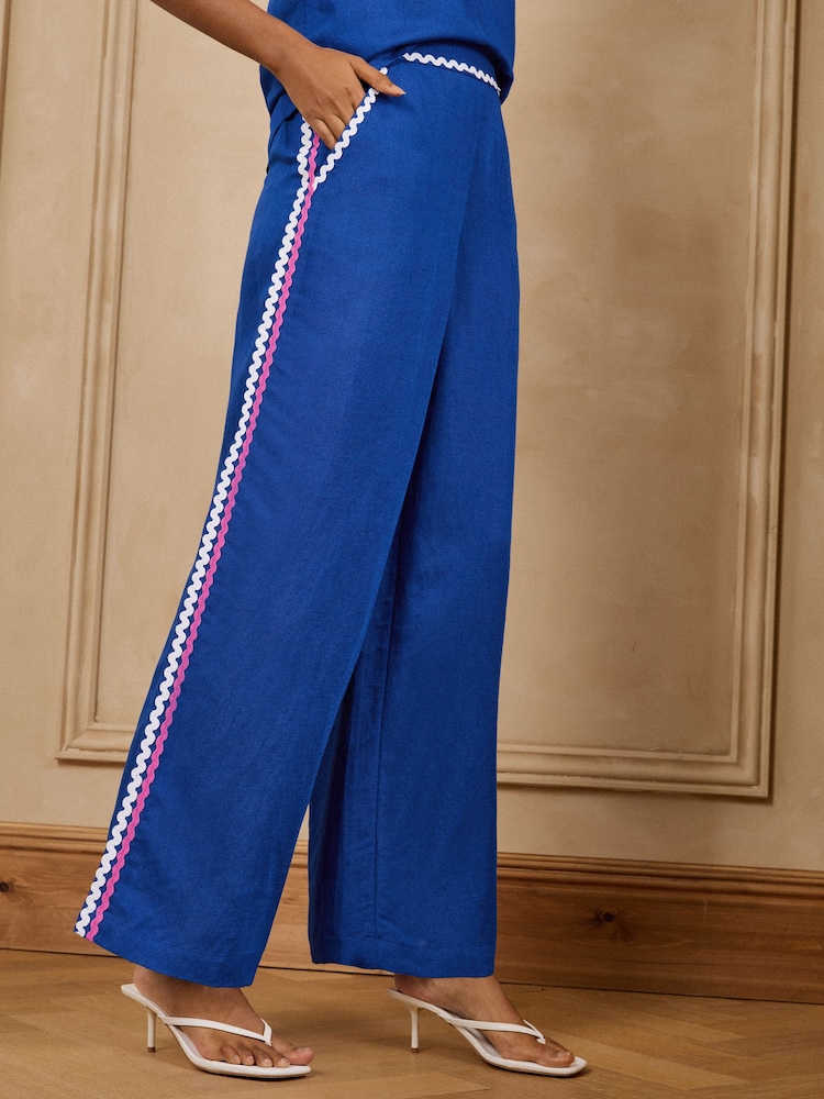 Love & Roses Cobalt Blue Viscose/Linen Blend Ric Rac Detailed Trousers - Image 1 of 5