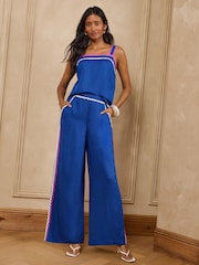 Love & Roses Cobalt Blue Viscose/Linen Blend Ric Rac Detailed Trousers - Image 2 of 5