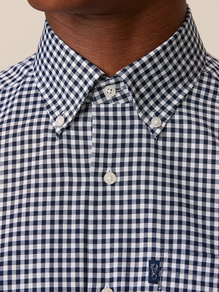 Navy Blue Gingham Regular Fit Easy Iron Button Down Oxford Shirt - Image 4 of 7