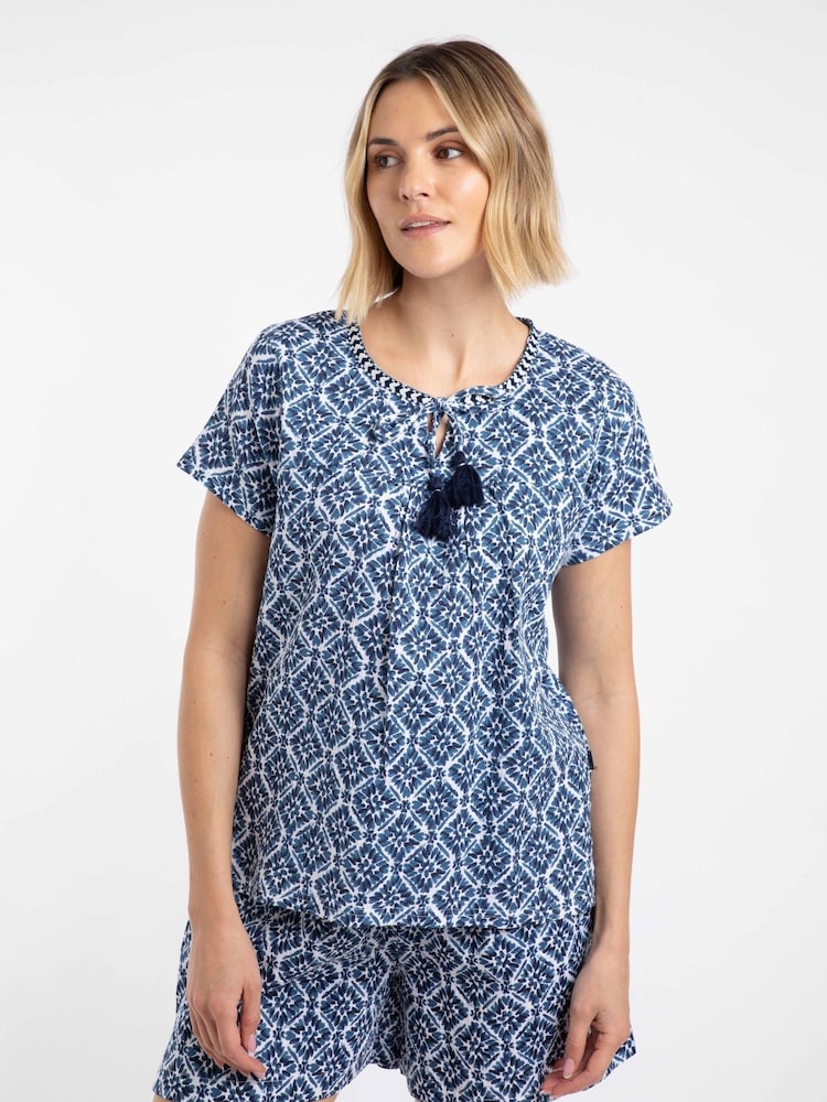 Weird Fish Blue Sofia Printed Double Cloth Blouse - Image 1 of 6 Weird Fish Blue Sofia Printed Double Cloth Blouse - Image 1 of 6