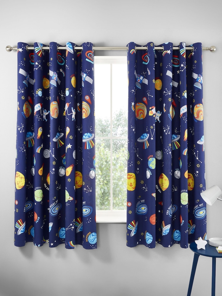 Catherine Lansfield Blue Lost In Space Reversible Lined Eyelet Christmas Curtains - Image 2 of 3