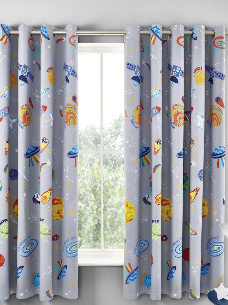 Catherine Lansfield Blue Lost In Space Reversible Lined Eyelet Christmas Curtains - Image 3 of 3