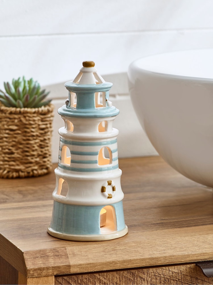 Blue Seaside Lighthouse Tealight Holder - Image 1 of 5 Blue Seaside Lighthouse Tealight Holder - Image 1 of 5