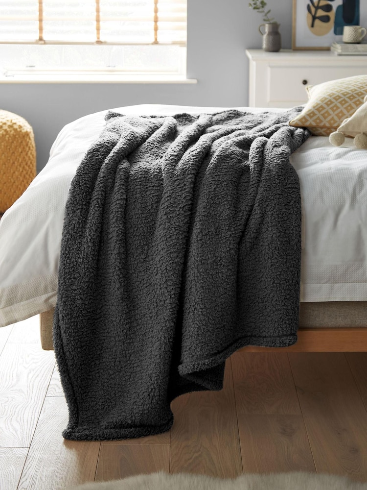 Charcoal Grey Cosy Teddy Fleece Throw - Image 1 of 3