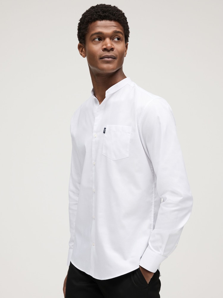 White Grandad Collar Regular Fit Button Down Easy Iron Oxford Shirt - Image 1 of 10