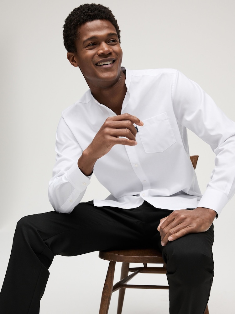 White Grandad Collar Regular Fit Button Down Easy Iron Oxford Shirt - Image 2 of 10